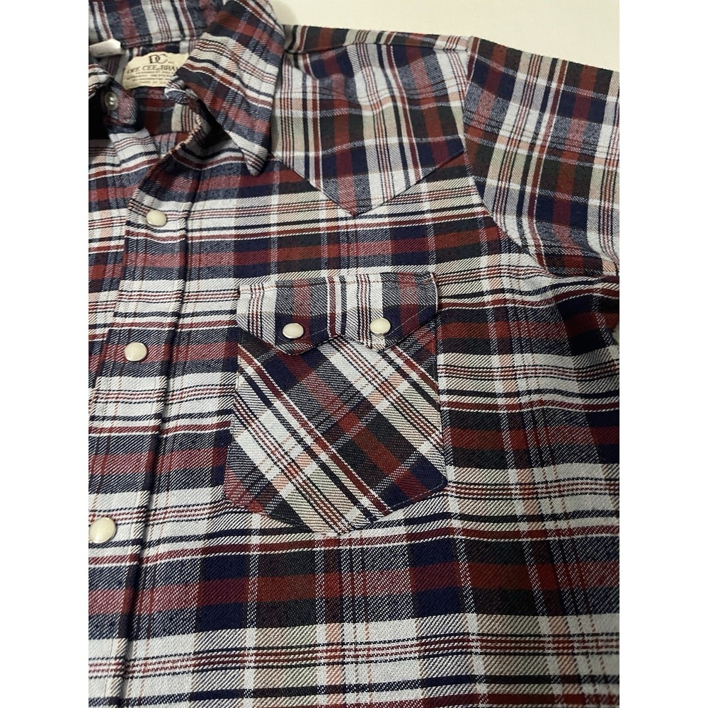 Dee Cee Vintage 80s Red Blue Plaid Pearl Snap Western Raw Hem Shirt 15 1/2 - 35 - Picture 4 of 8